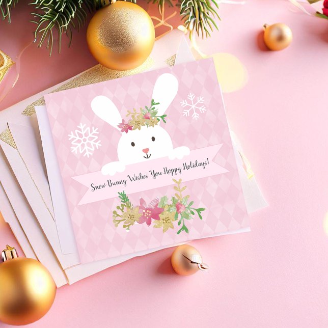 Snow Bunny Pink Gold Poinsettia Hoppy Holiday Card (Creator Uploaded)