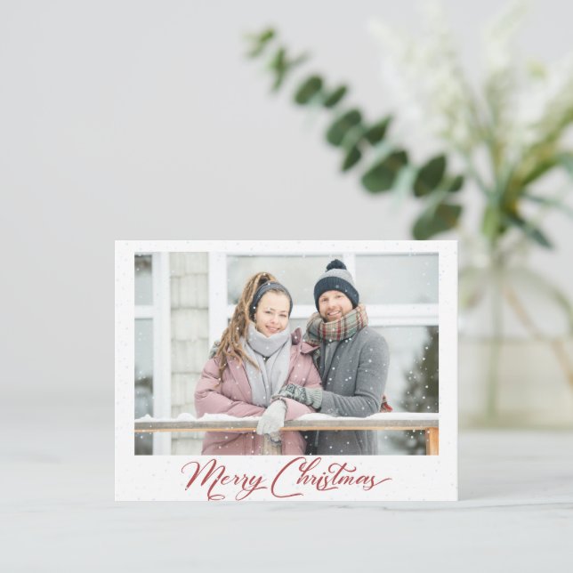 Snow Burgundy Calligraphy Merry Christmas Overlay  Postcard (Standing Front)