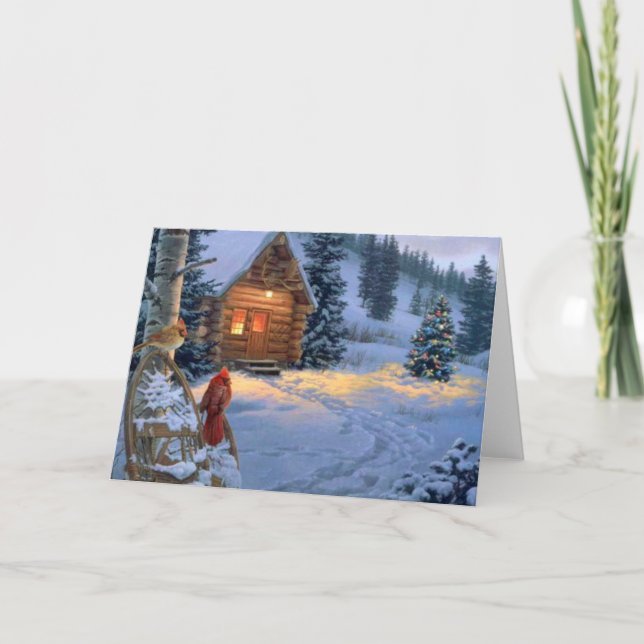 Snow Cabin With Christmas Birds Holiday Card (Front)
