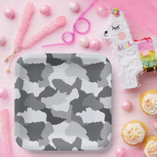 Snow Camo White Gray Camouflage Paper Plate