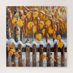 Snow-Capped Fence With Birds Jigsaw Puzzle