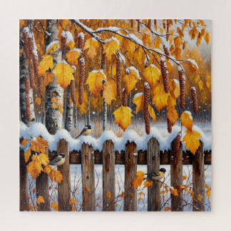 Snow-Capped Fence With Birds Jigsaw Puzzle