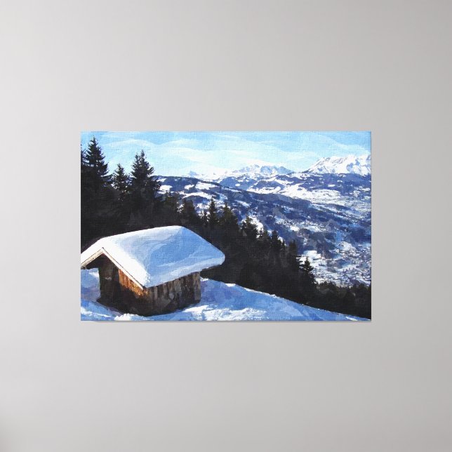 Snow capped mountain hut canvas print (Front)