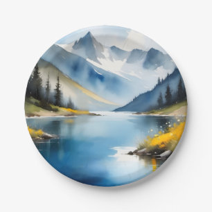 Snow capped mountains and a lake paper plate