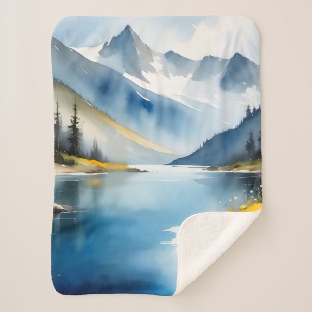 Snow capped mountains and a lake sherpa blanket (Front)