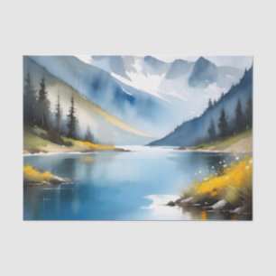 Snow capped mountains and a lake tissue paper