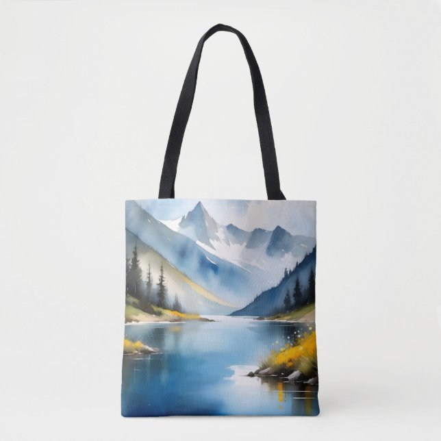 Snow capped mountains and a lake tote bag (Front)