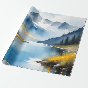 Snow capped mountains and a lake wrapping paper