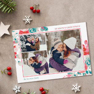 Snow Christmas green red floral 3 photos Holiday Card