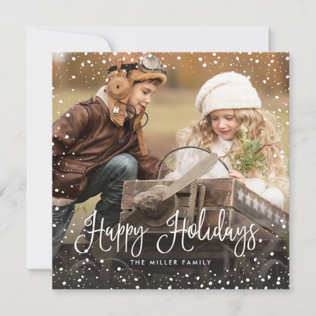 Snow Christmas Script Photo Square Holiday Card (Front)