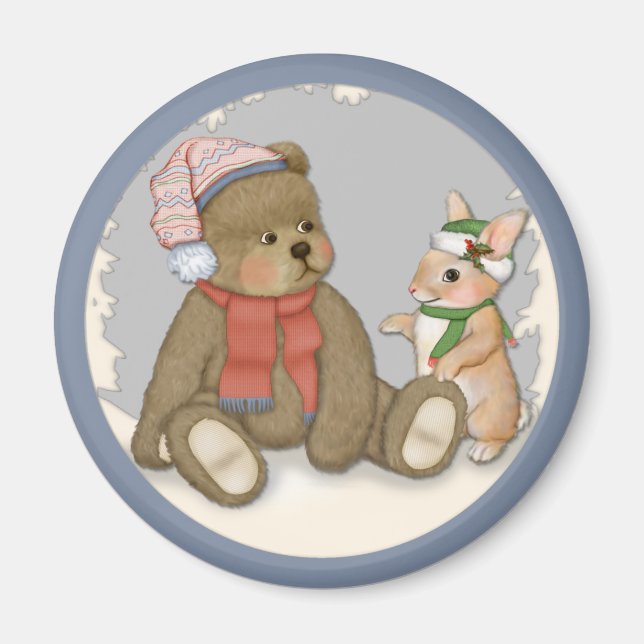 Snow Christmas Teddy and Bunny Magnet (Front)
