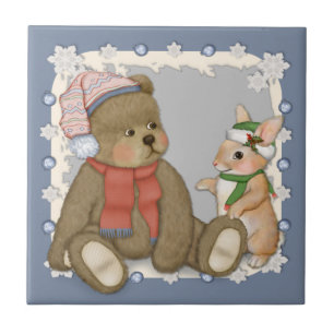 Snow Christmas Teddy and Bunny Tile