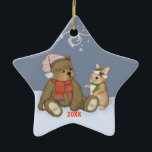 Snow Christmas Teddy Ceramic Tree Decoration<br><div class="desc">Sweet winter design features a teddybear and his bunny friend wearing their warm holiday clothing. Blue and white background with snow swirls and snowflakes. Customise or delete date area.</div>