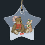 Snow Christmas Teddy Ceramic Tree Decoration<br><div class="desc">Sweet winter design features a teddybear and his bunny friend wearing their warm holiday clothing. Blue and white background with snow swirls and snowflakes. Customise or delete date area.</div>