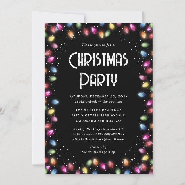 Snow Colored Lights Black Christmas Party Invitation (Front)