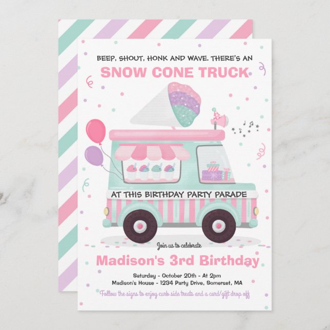 Snow Cone Birthday Party Drive By Birthday Parade Invitation (Front/Back)