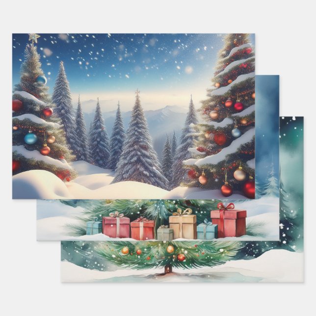 Snow Cover Christmas Trees in Woods Wrapping Paper Sheet (Set)