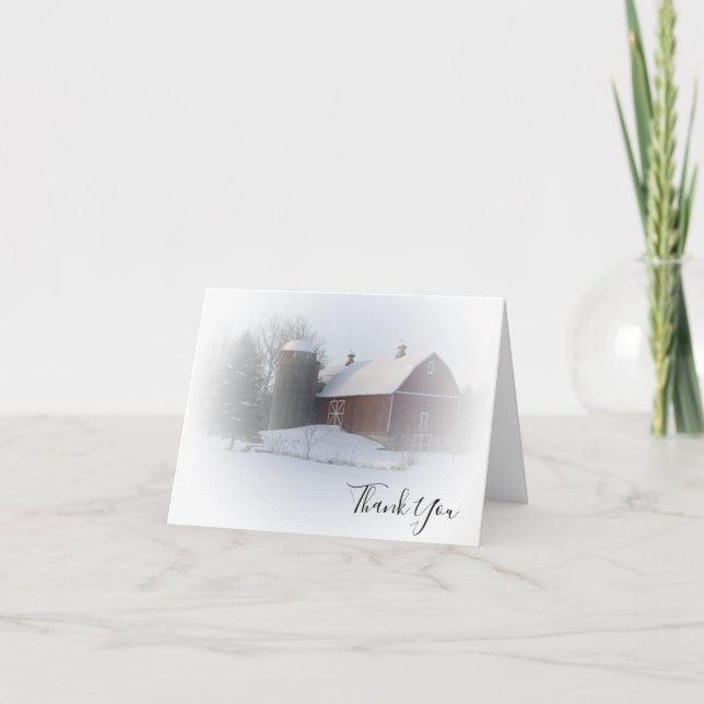 Snow Covered Barn Silo Winter Country Thank You Card (Front)