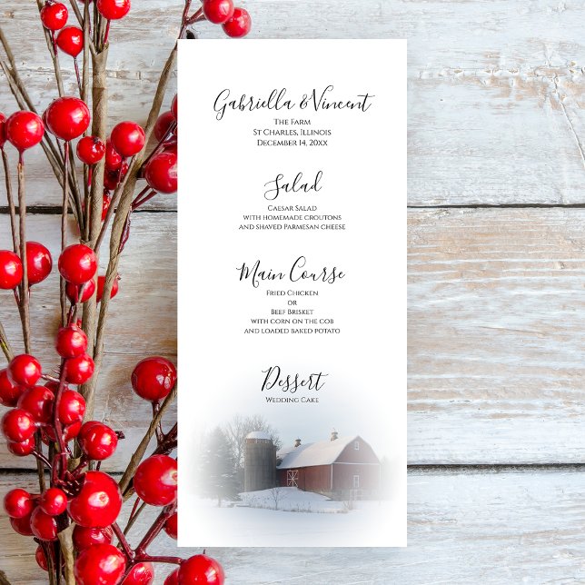 Snow Covered Barn Silo Winter Country Wedding Menu (Creator Uploaded)