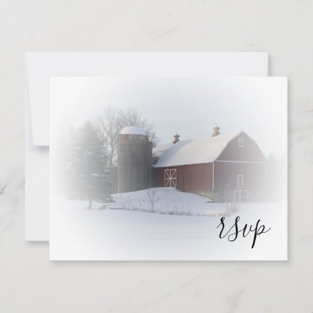 Snow Covered Barn Winter Wedding RSVP Card (Front)