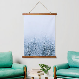 Snow covered beech spruce forest in fog hanging tapestry