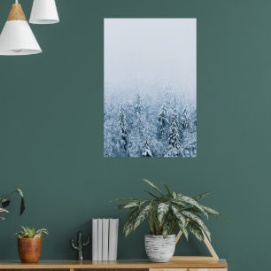 Snow covered beech spruce forest in fog poster