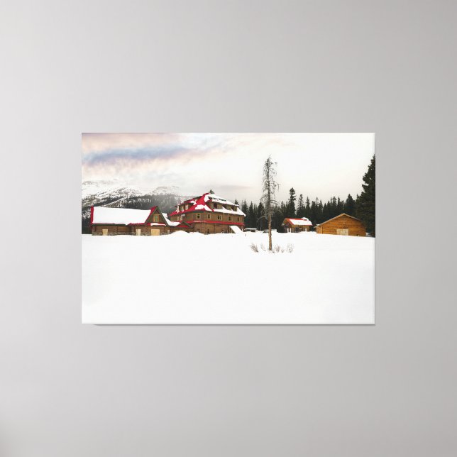 Snow-Covered Bow Lake Lodge Canvas Print (Front)