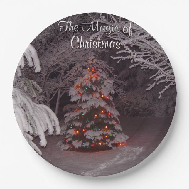 Snow Covered Branches Christmas Lights Paper Plate (Front)