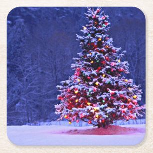 Snow Covered Christmas Tree Square Paper Coaster