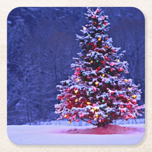 Snow Covered Christmas Tree Square Paper Coaster (Front)