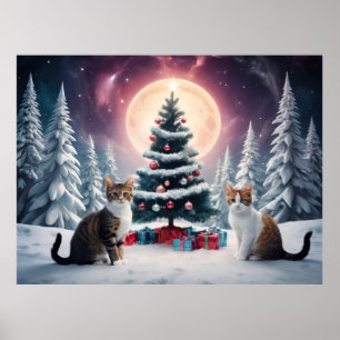 Snow Covered Christmas Tree with Cats Poster