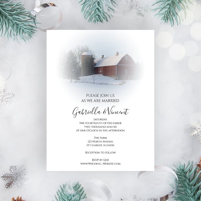 Snow Covered Country Barn and Silo Winter Wedding Magnetic Invitation (Creator Uploaded)