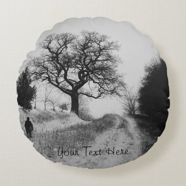 snow covered country lane scenic monochrome round cushion (Front)