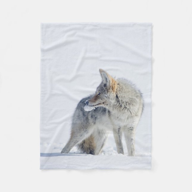 Snow-covered Coyote Beautiful White Fleece Blanket (Front)