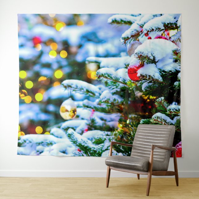 Snow-covered decorated Christmas tree outdoors Tapestry (In Situ (Horizontal))