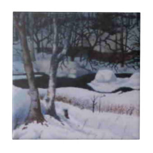 Snow covered Elk River on a grey day Tile