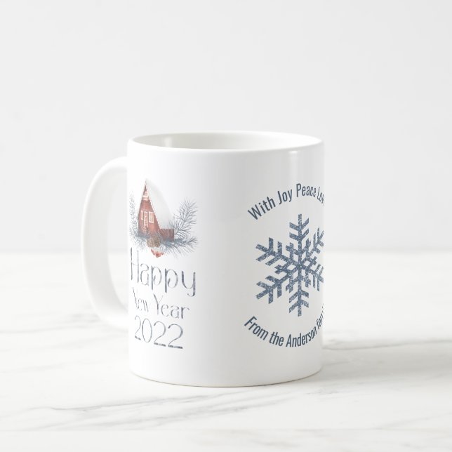 Snow-Covered Fairy House, Happy New Year 2022 Coffee Mug (Front Left)