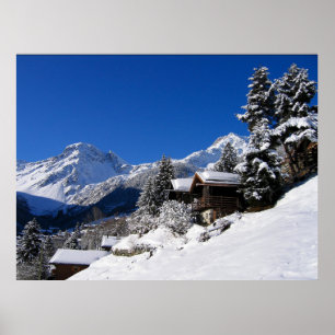 Snow-covered log cabins in Switzerland Poster