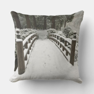 Snow-covered moon bridge, Japanese Garden Cushion
