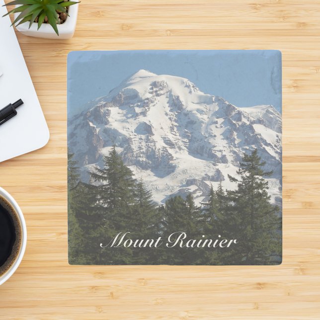 Snow Covered Mount Rainier Landscape Stone Coaster (In Situ)