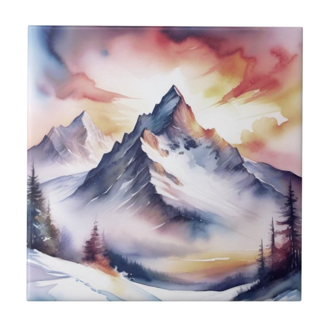 Snow covered mountains and red sky watercolor tile (Front)