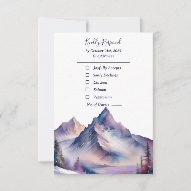 Snow covered mountains landscape wedding RSVP card (Front)