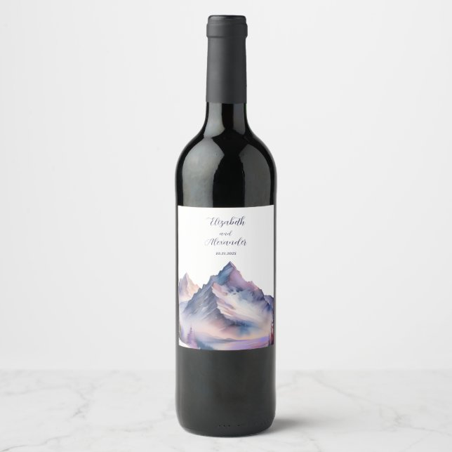 Snow covered mountains landscape wedding wine label (Front)
