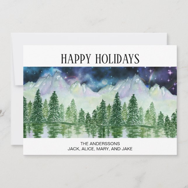 Snow Covered Mountains Pine Trees Lake Night Time Holiday Card (Front)
