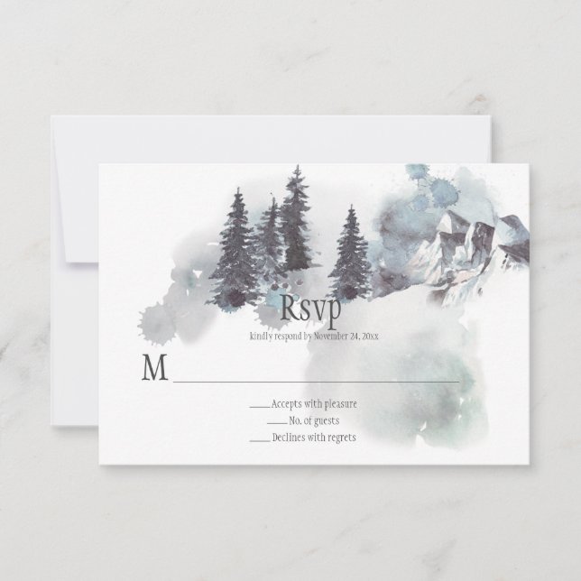 Snow-Covered Mountains Pine Trees Wedding RSVP Card (Front)