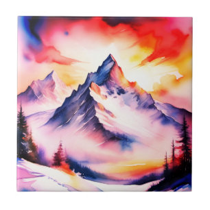 Snow covered mountains red sky watercolor tile
