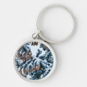 Snow Covered Pine Boughs and Cones Key Ring
