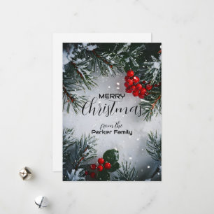 Snow-Covered Pine Holly Berries Non-Photo Holiday Card