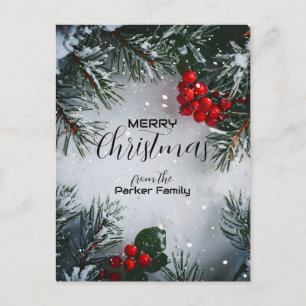 Snow-Covered Pine, Holly Berries, Non Photo Holiday Postcard