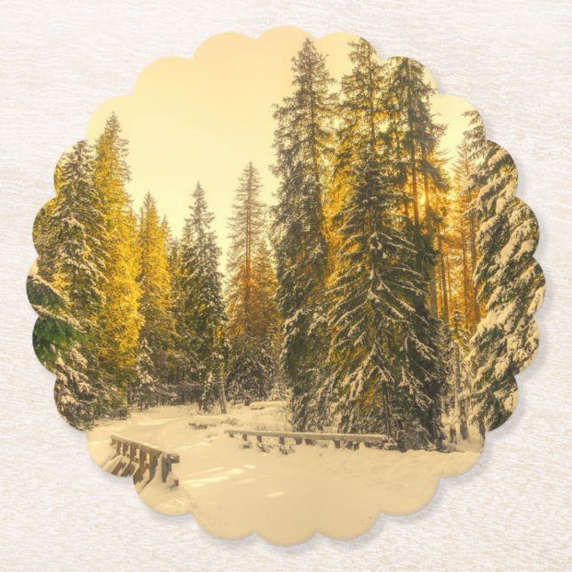 Snow Covered Pine Trees Forest Nature Photo Paper Coaster (Front)